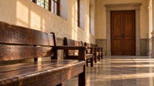 Illustrative district-court corridor with empty wooden waiting benches and a closed door
