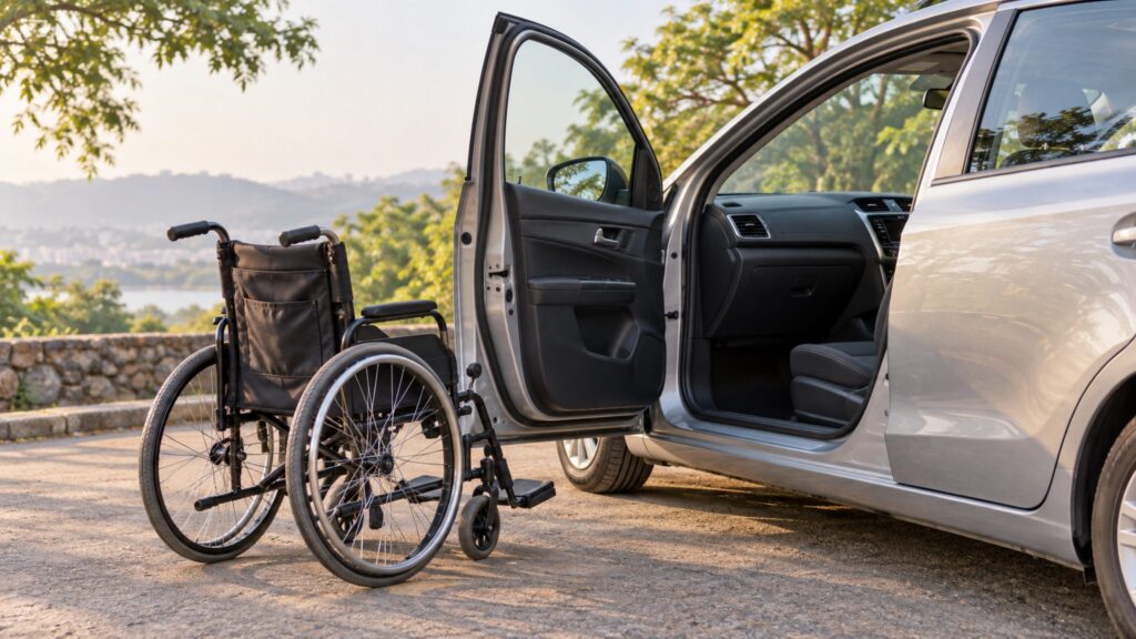 Illustrative wheelchair beside the open passenger door of a parked car