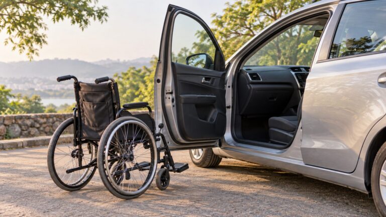 Illustrative wheelchair beside the open passenger door of a parked car