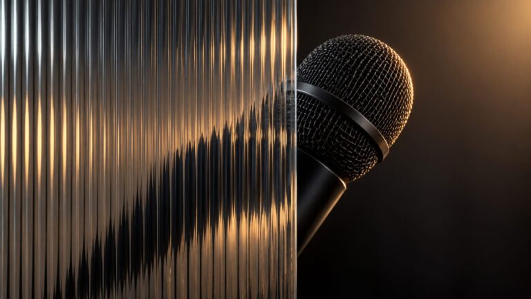 Conceptual microphone partly obscured by translucent ribbed glass
