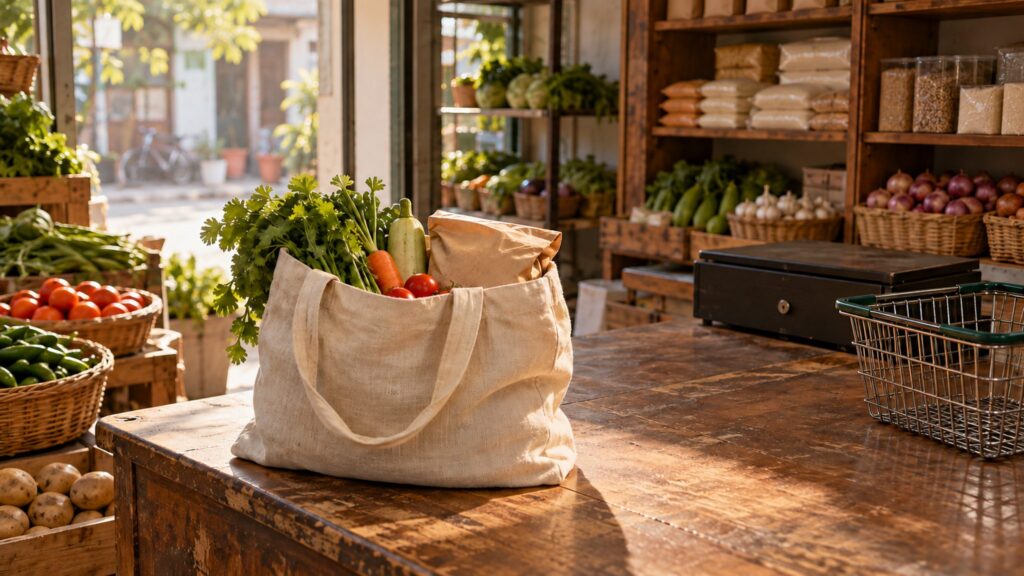Illustrative grocery checkout with basic purchases and stocked shelves, representing household consumption decisions