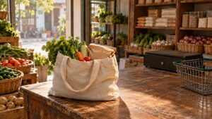 Illustrative grocery checkout with basic purchases and stocked shelves, representing household consumption decisions