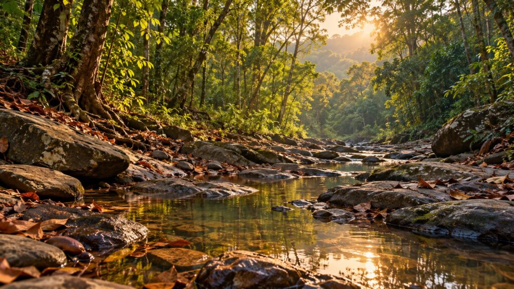 Shallow stony stream winding through a tropical forest