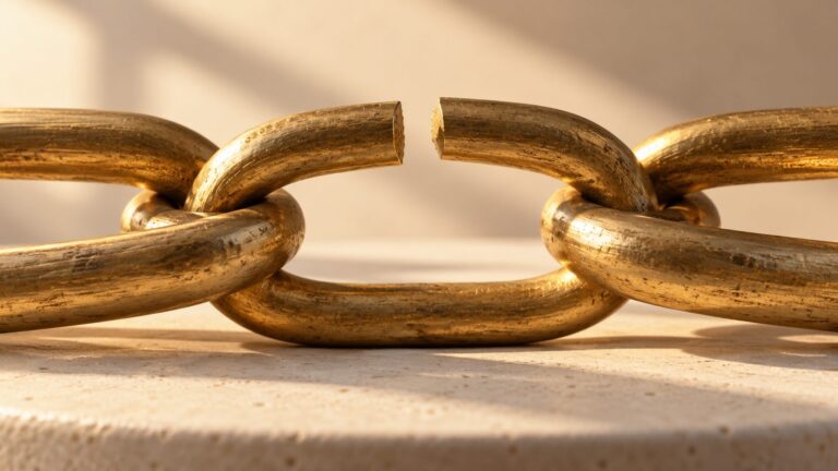 Conceptual steel chain with an open intermediate link representing withdrawn certificate trust
