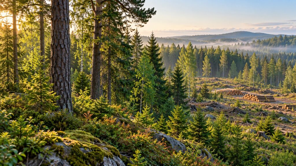 Illustrative forest landscape with standing trees and a small stack of harvested timber