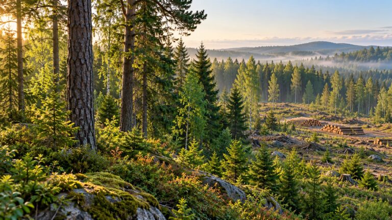 Illustrative forest landscape with standing trees and a small stack of harvested timber