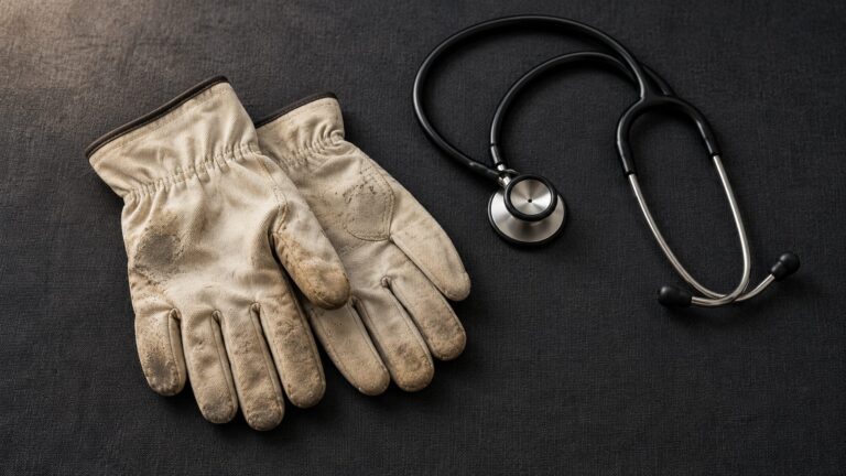 Work gloves and a plain stethoscope arranged on charcoal fabric as an illustration of worker social insurance.