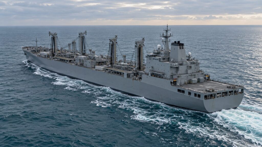 Illustrative unmarked fleet support vessel underway at sea