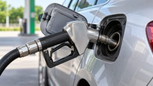 Illustrative fuel nozzle beside the open filler of an unbranded car