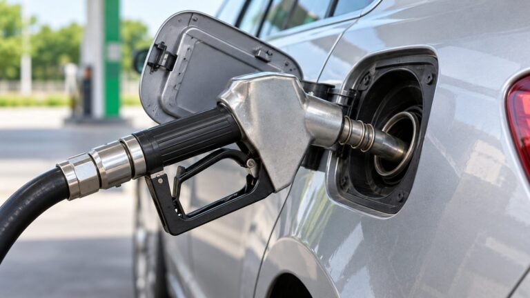 Illustrative fuel nozzle beside the open filler of an unbranded car