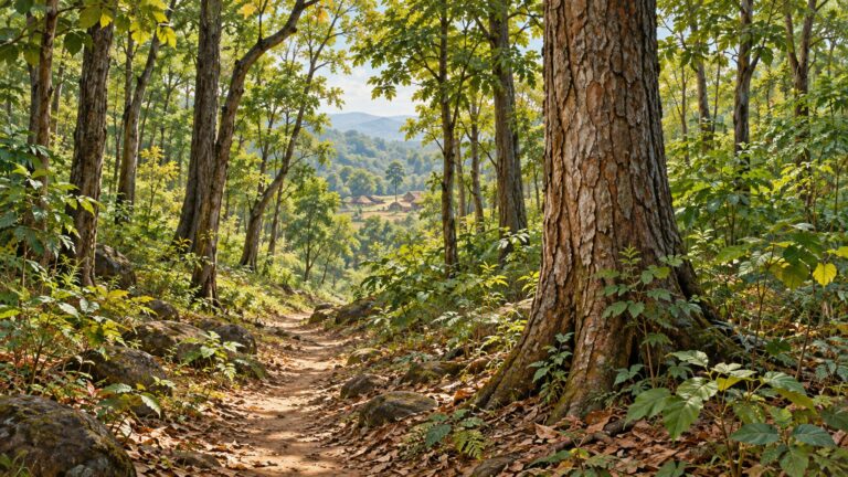Illustrative forest footpath through mature trees near a distant village clearing