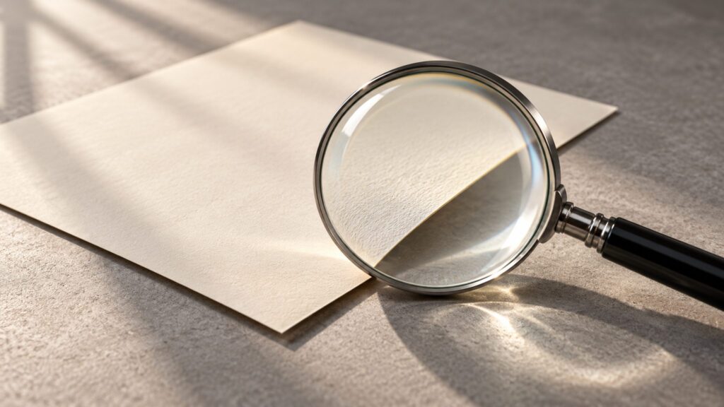 Conceptual magnifying glass inspecting an unmarked paper sheet