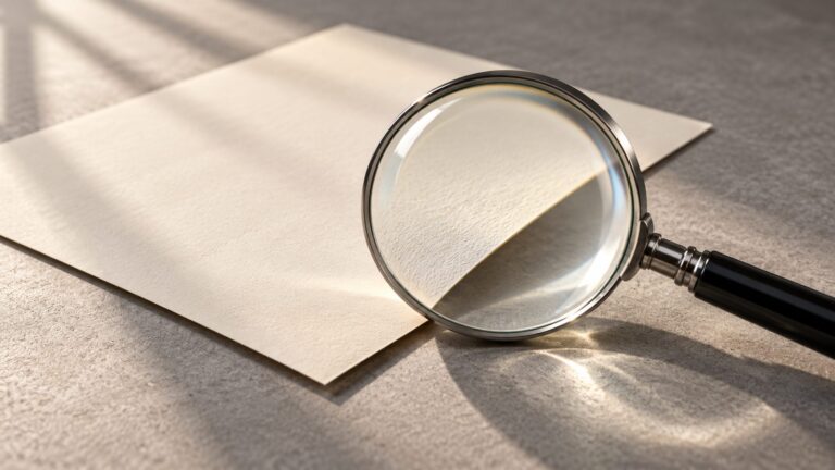 Conceptual magnifying glass inspecting an unmarked paper sheet