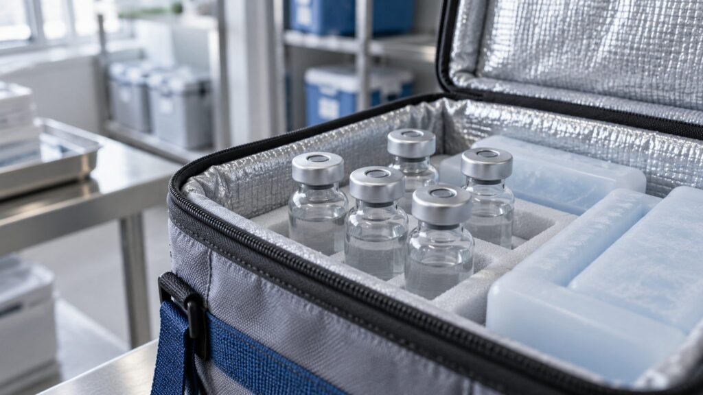 Illustrative vaccine vials and cold packs in an insulated carrier