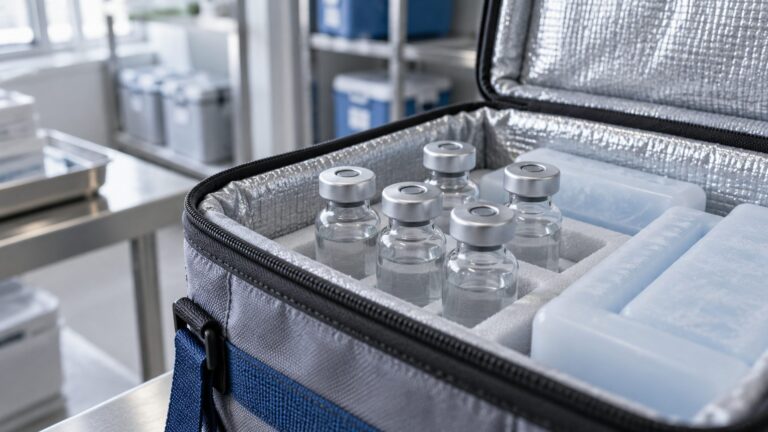 Illustrative vaccine vials and cold packs in an insulated carrier