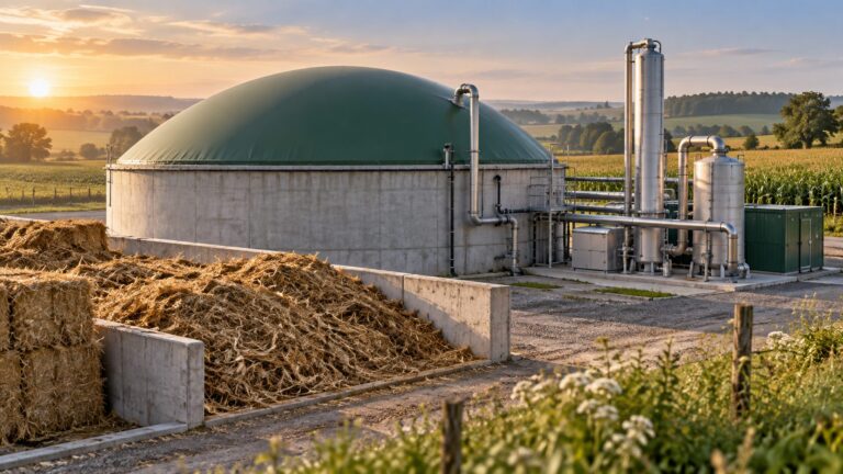 Illustration of an agricultural biogas digester beside crop residue and fields