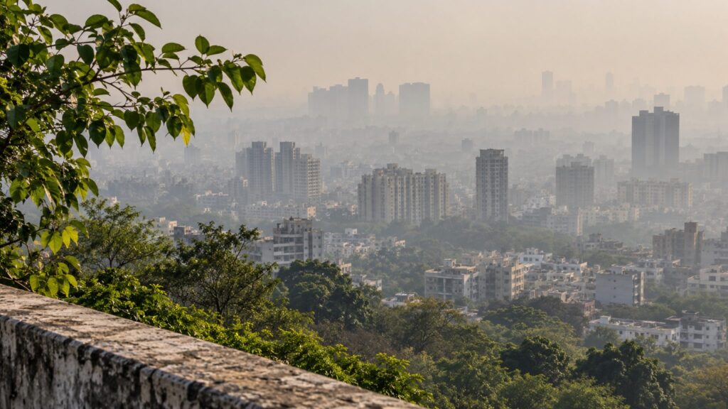 Illustrative cityscape with buildings fading into atmospheric haze
