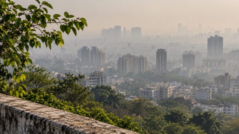 Illustrative cityscape with buildings fading into atmospheric haze