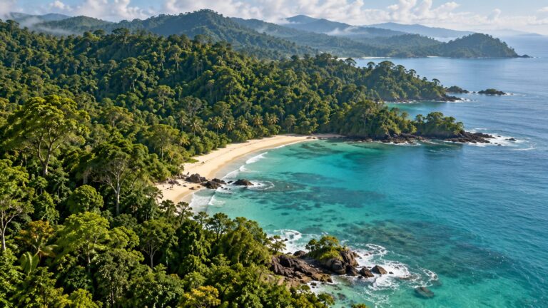 Illustrative tropical forest meeting a quiet island shoreline