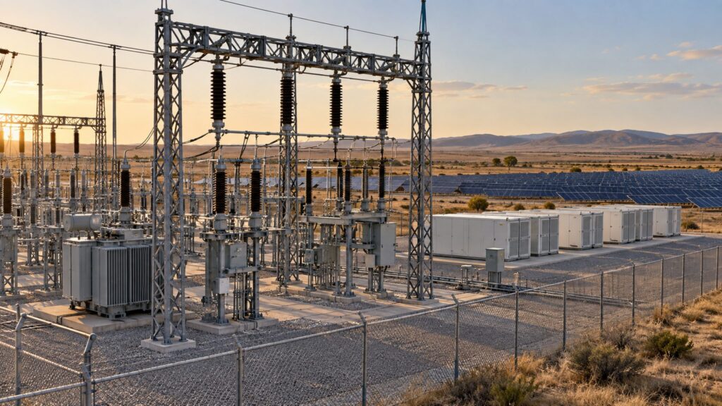Illustrative substation beside battery storage enclosures and a solar array