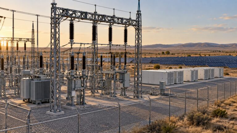 Illustrative substation beside battery storage enclosures and a solar array
