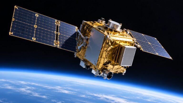 Illustrative generic scientific satellite with solar panels above an atmospheric limb