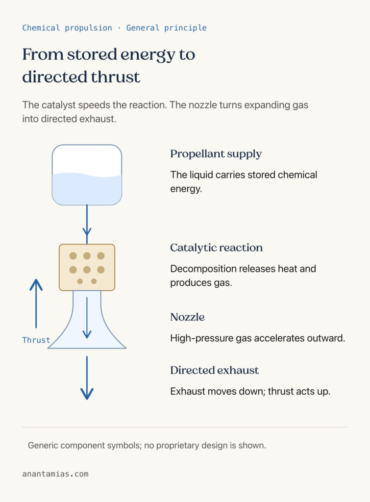 Generic process diagram linking liquid propellant supply, catalytic reaction and nozzle acceleration to downward exhaust and opposite thrust