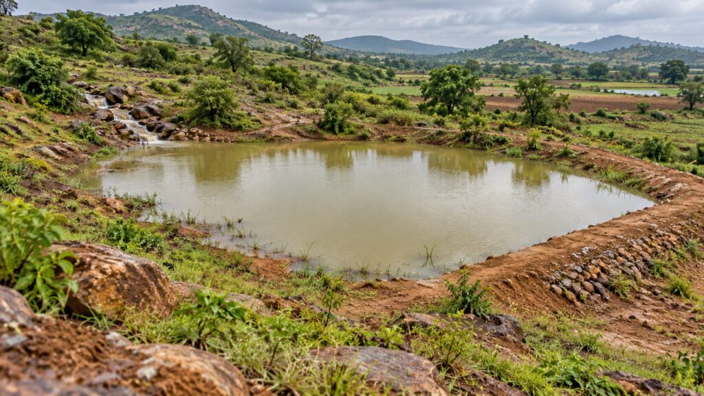 Illustrative percolation pond and feeder channel in a rural catchment