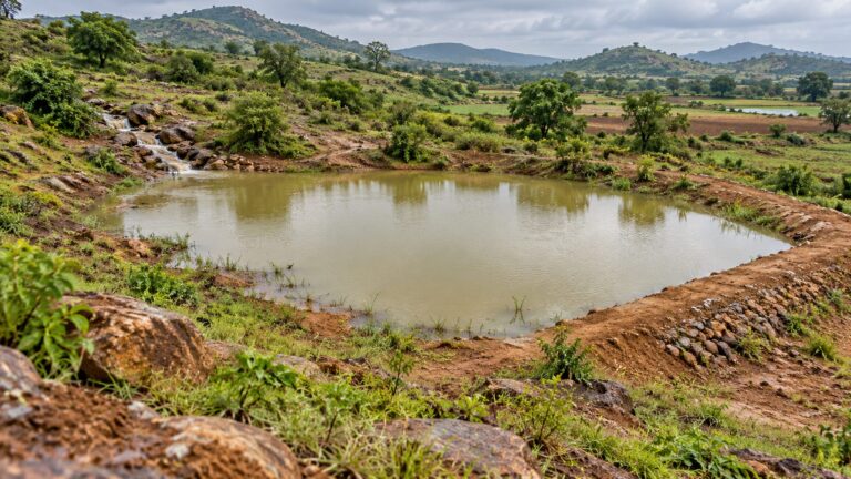 Illustrative percolation pond and feeder channel in a rural catchment