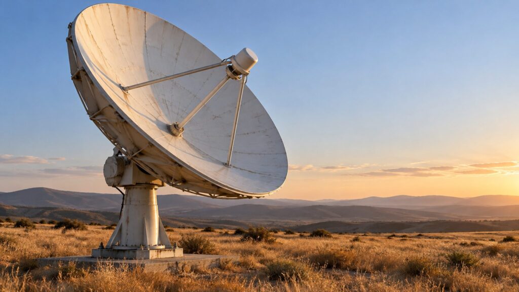 Illustrative satellite ground antenna in an open landscape