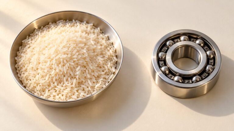 Illustrative rice bowl and machined bearing representing consumption and productive equipment