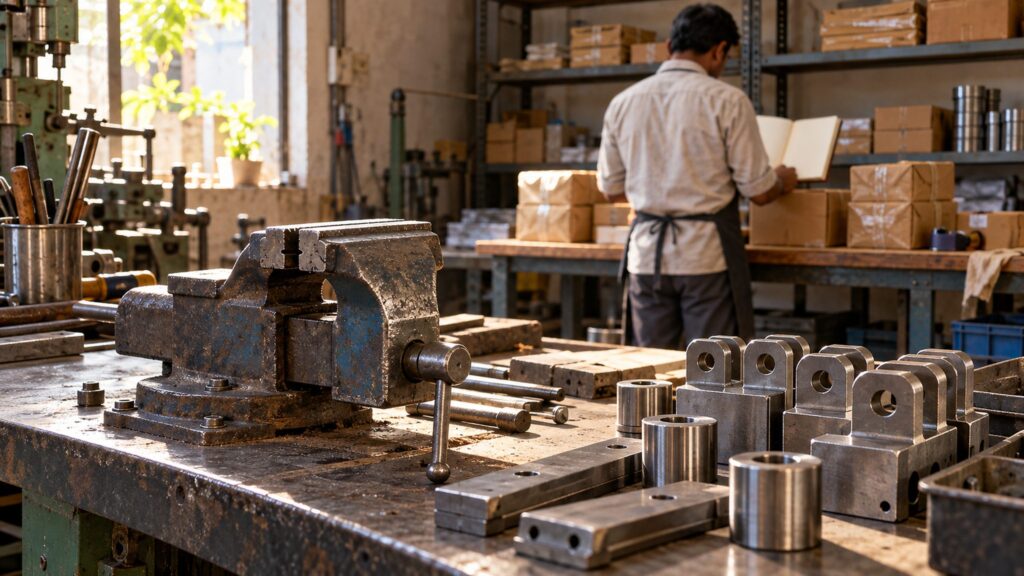 Metal parts and a bench vice in a small fabrication workshop