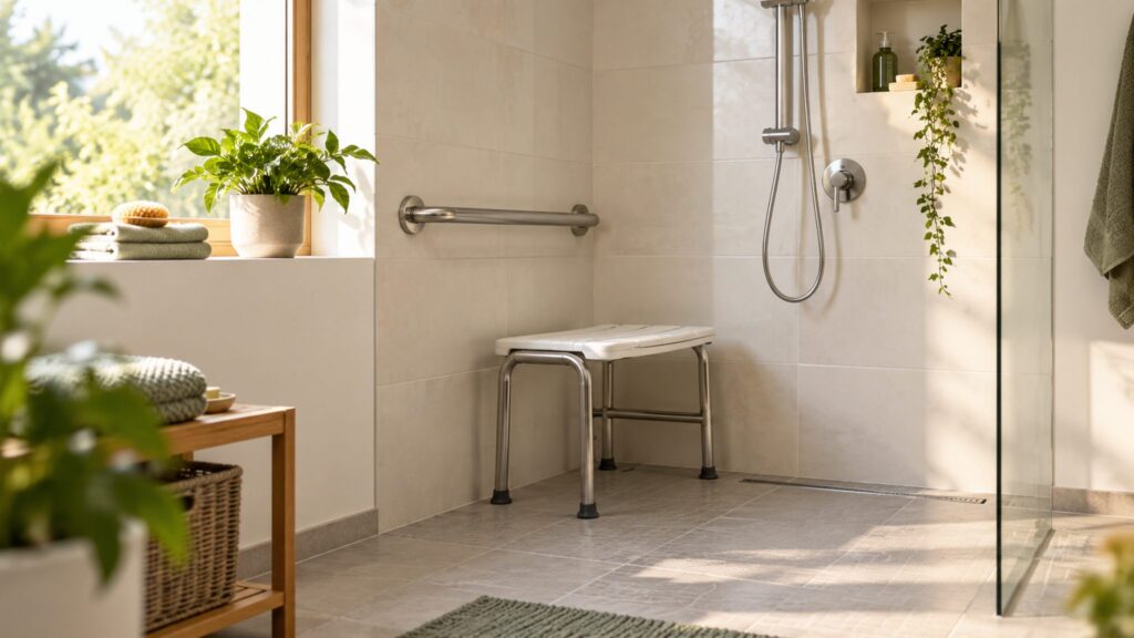 Grab rail and stable shower chair in an illustrative accessible home bathroom