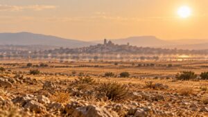 Illustrative sun-baked landscape with atmospheric heat shimmer along a distant horizon