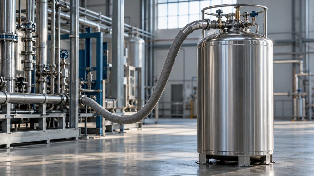 Illustrative insulated stainless-steel cryogenic vessel and transfer hose in an industrial bay