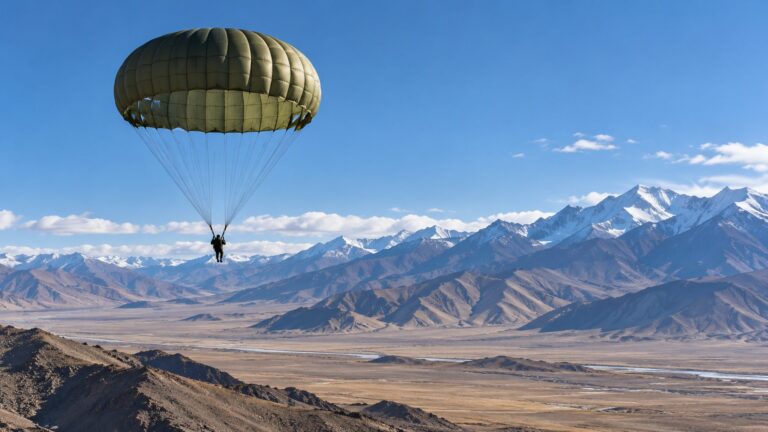 Illustrative parachute descending above a high mountain plateau