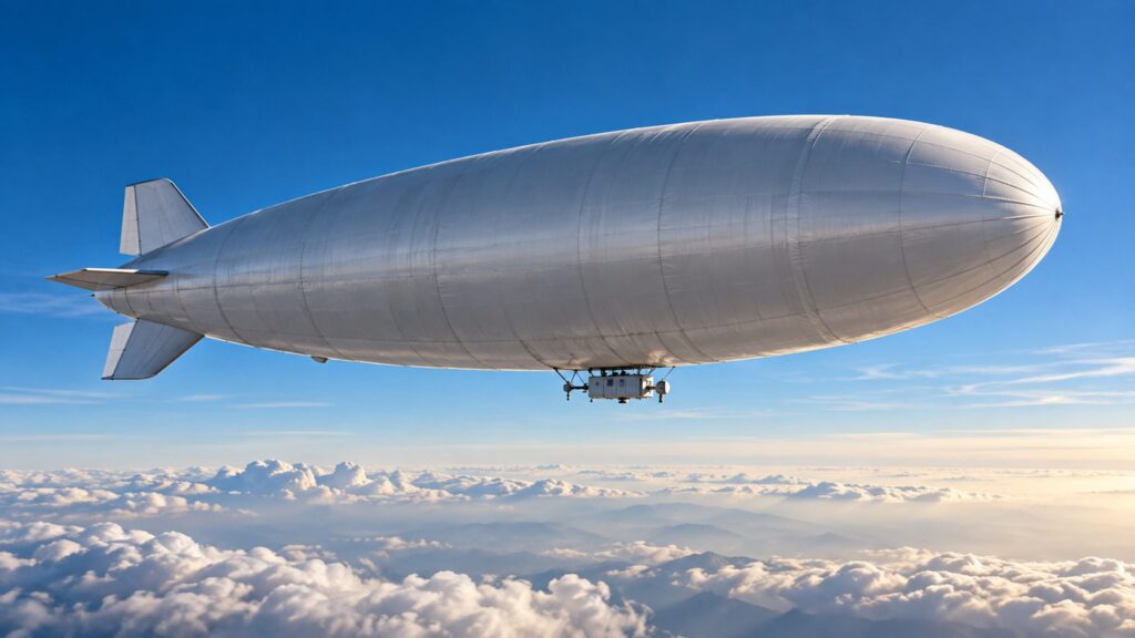 Concept illustration of a stratospheric airship with an elongated envelope and underslung instruments above distant clouds