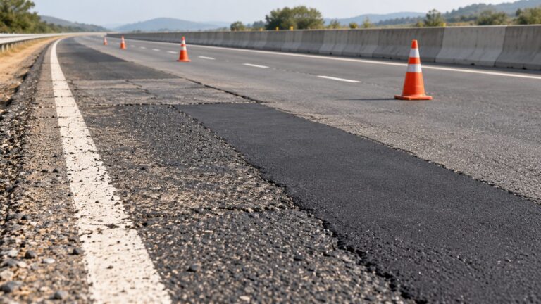 Illustrative highway maintenance corridor with a repaired strip of asphalt and dry hills beyond
