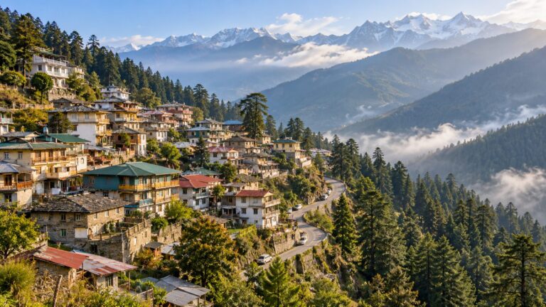 Illustrative Himalayan hillside settlement and winding access road within steep forested terrain.