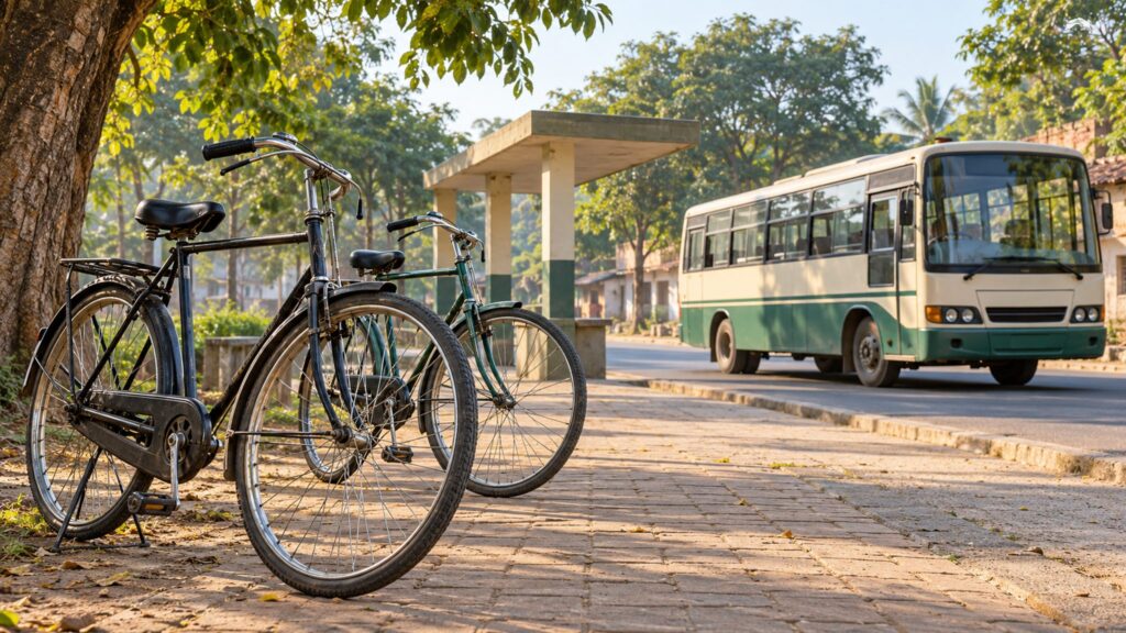 Illustrative bus stop with everyday bicycles and an unbranded public bus