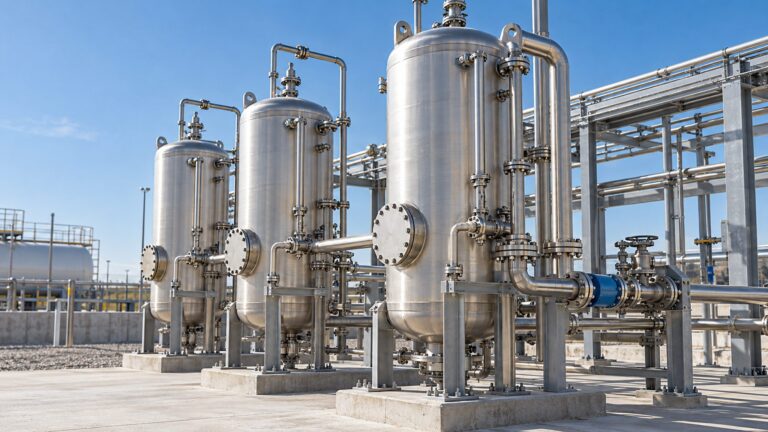 Pressure vessels and pipework in an outdoor industrial installation