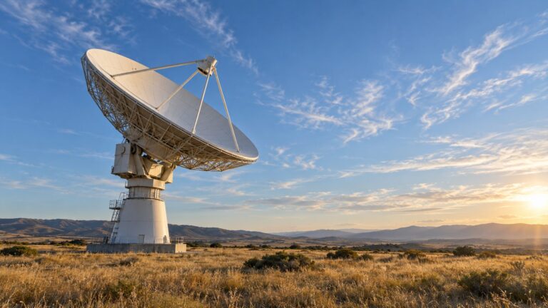 Illustrative unbranded ground-based radar dish beneath an open morning sky