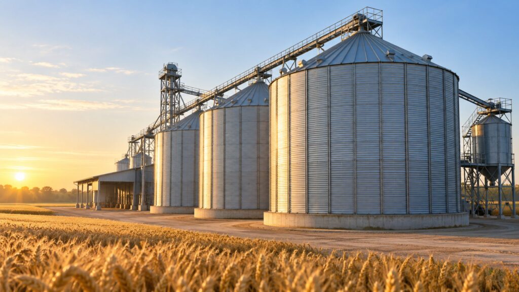 Illustrative steel grain silos with grain-handling structures in morning light