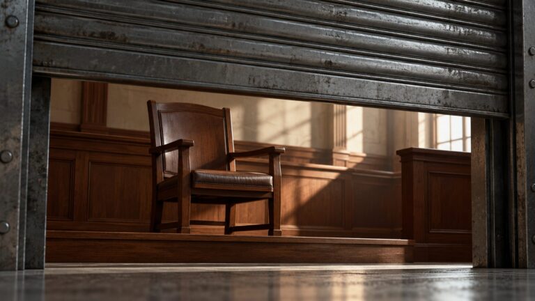 Conceptual illustration of a courtroom witness chair behind a partly lowered security shutter