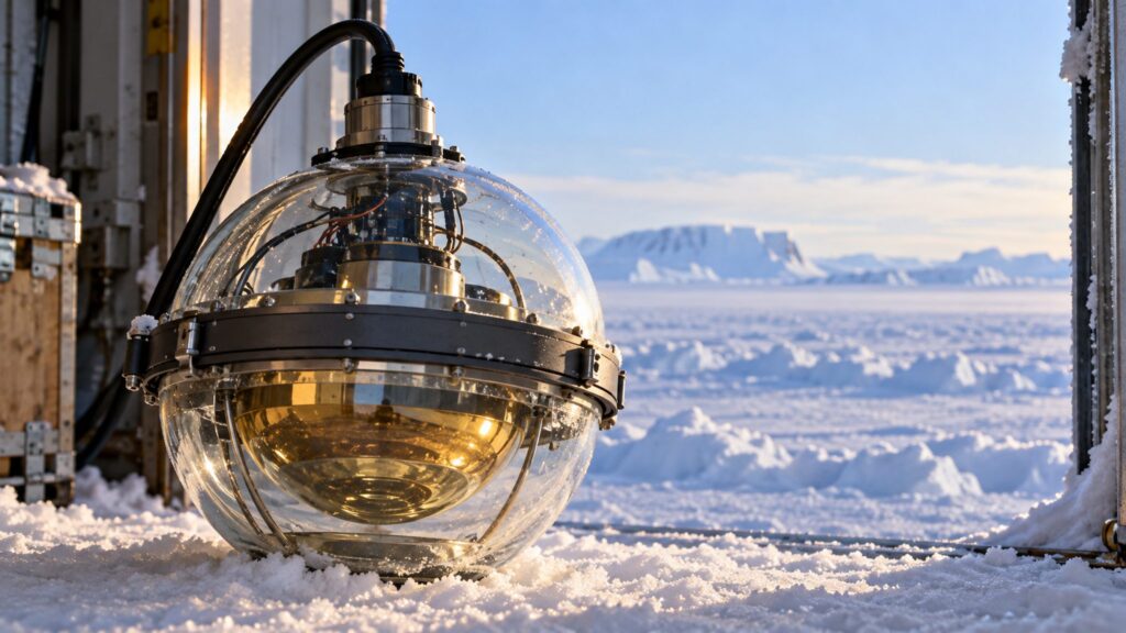 Conceptual illustration of a spherical optical detector module against an Antarctic snow background