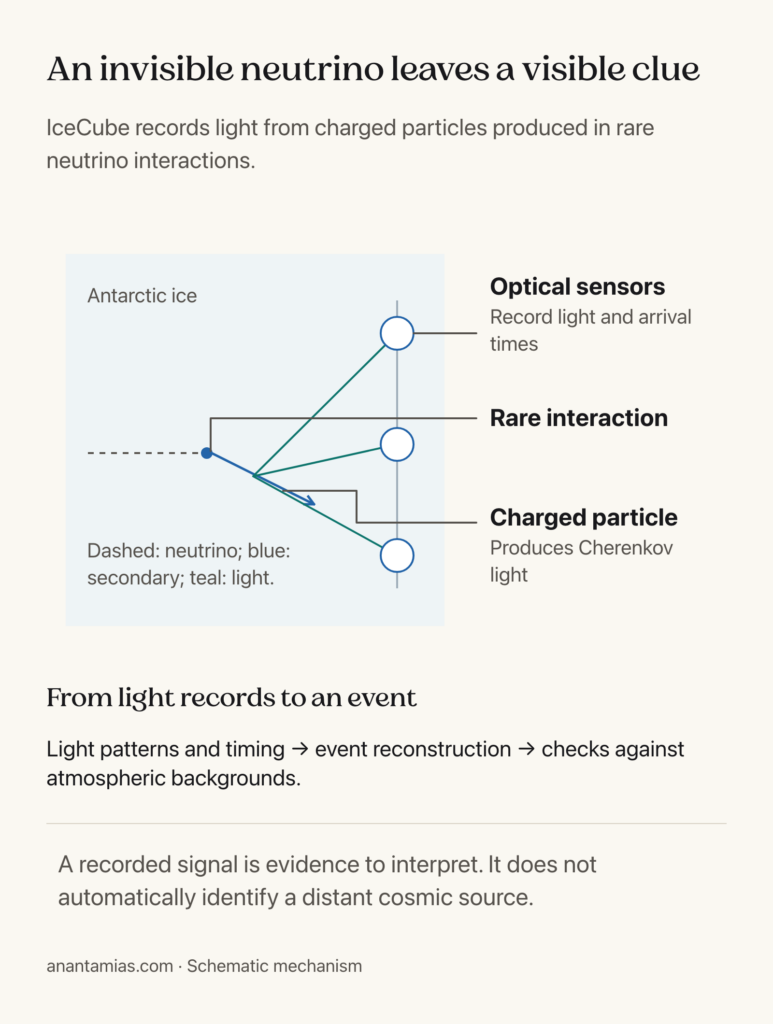Schematic of a rare neutrino interaction, charged secondary particle and light reaching optical sensors in ice
