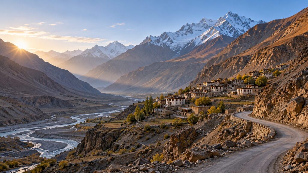 Illustrative Himalayan settlement and winding road beneath distant snow-covered peaks