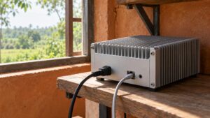 Illustrative compact finned computer beside a rural classroom window