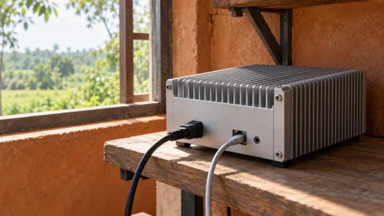 Illustrative compact finned computer beside a rural classroom window