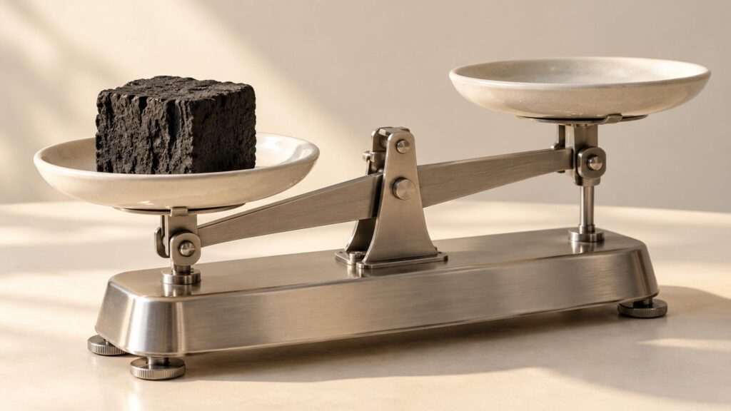 Conceptual balance with charcoal blocks illustrating allocation between two carbon accounts